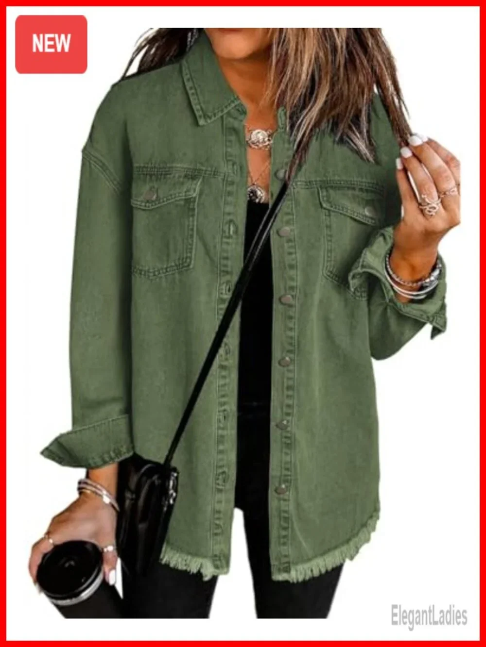 Oversized Denim Shacket Button-Up Raw Hem Long Sleeve Jacket
